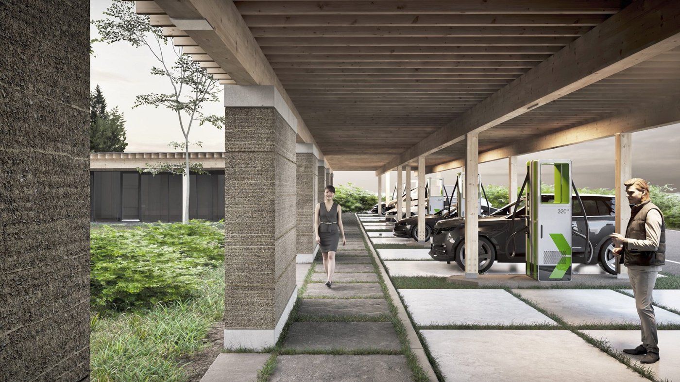 vizualizacija bodočega polnilnega parka velikih moči Novo mesto Razstava arhitekturnih rešitev za polnilni park velikih moči Novo mesto